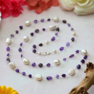Amethyst & Culture Pearl Necklace. Wire Twisted Free Form  Amethyst and Large  Necklace.