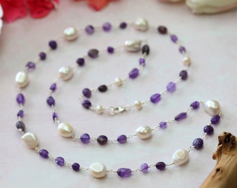 Amethyst & Culture Pearl Necklace. Wire Twisted Free Form  Amethyst and Large  Necklace.