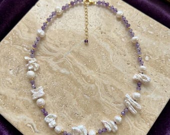 Amethyst Statement Necklace. Baroque Pearl Gemstone Necklace.Amethyst Necklace.