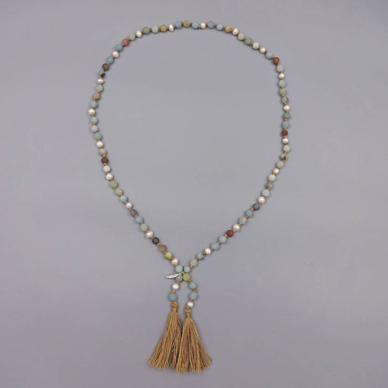 Long knotted Cultured fresh water Pearl /& Genuine Matte finish amazonite beads stone Sterling silver feather charm necklace with tassels