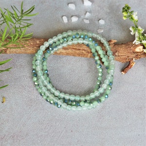 4MM Green Aventurine and Crystals Stackable Set of 4 Pieces Bracelets. Handmade Elastic Bracelets. Green Stone Bracelets. Boho Bracelets.