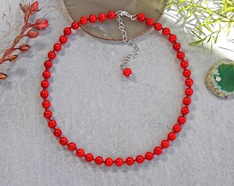 Beaded Red Coral Gemstone Short Choker Style Necklace with a Sterling Silver Lobster Clasp. Hand Knotted Red Coral Collar Necklace.
