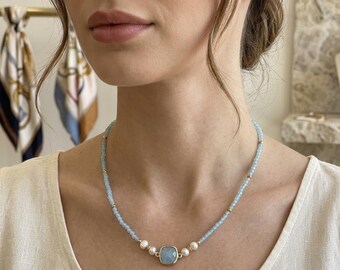Aquamarine & Freshwater Pearl Pendant Necklace with Gold Accents. Aquamarine Pendant Necklace. March Birthstone Necklace.