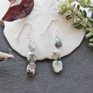 Hand Made Larimar Drop Earrings.  Wire Wrapped Trio-Larimar Dangled Earrings.  Beaded-Wire Zigzag Freeform Larimar Linear Earrings.