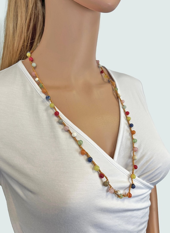 Buy Hand Beaded Crochet Long Layering Multi Gem Stone Necklace. Multi  Gemstone Lariat Necklace. Rainbow Gemstone Necklace. Handmade Necklace.  Online in India 