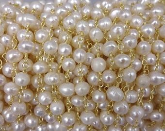 2Ft.5-6MM Potato Shaped Cultured Fresh Water Pearl in Gold Colored Chain. Wire Wrapping Gemstone Chain.  Non Tarnish Premier Quality Wire