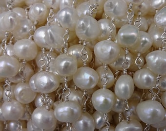 2Ft. 7-8MM Semi Baroque Shaped Natural Freshwater Pearl Rosary Style Beaded Chain. Wire Wrapping Pearl Chain for DIY.