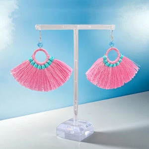 Silky Thread Fringe Tassel Dangle Drop Earrings.  Bohemian Tassel Earrings. Baby Pink Tassel Earrings. Fan Shape Statement Earrings.