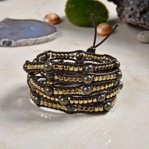 Beaded hematite & pyrite multi strand wrap bracelet for men or women. beaded stone and leather stackable bracelet. rockers bracelet.
