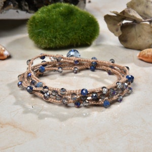 Multi Use 4-in-1 Blue Lapis Lazuli Crochet Long layering or Multi Wrap Necklace Or Bracelet. Long Necklace with a Detachable Heart Pendant.