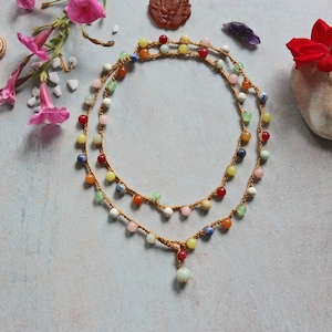 Hand beaded crochet long layering multi gem stone necklace. multi gemstone lariat necklace. rainbow gemstone necklace. handmade necklace.