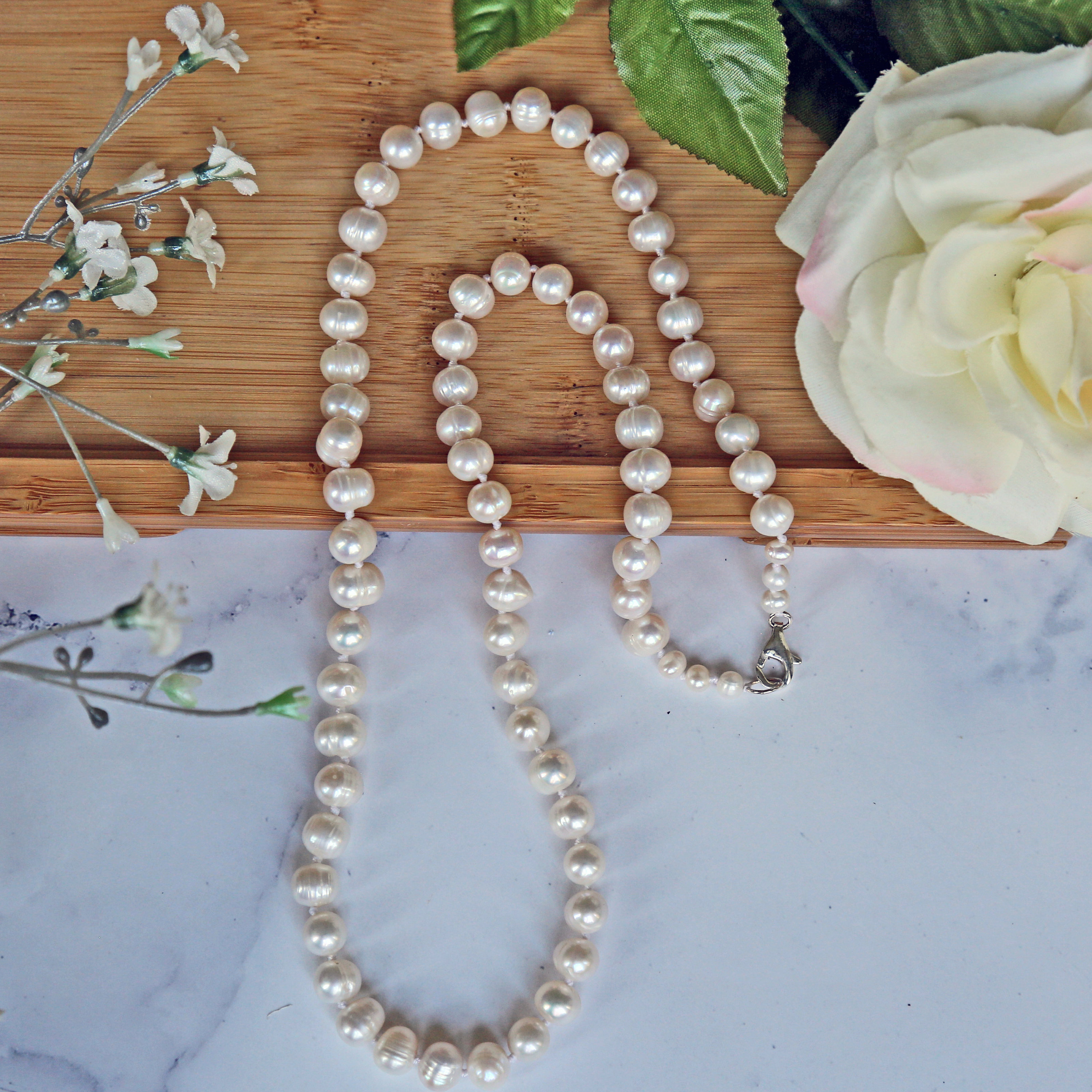 Classy Cultured Freshwater Pearl Strand Necklace in 24". Sterling Silver Pearl Necklace. Bridal Necklace. Birthday Or Valentine's Day Gift .