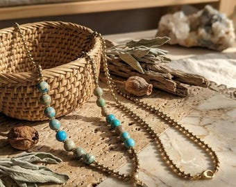 Ocean Jasper Gemstone & Pyrite Long Necklace with Statement Pendant.