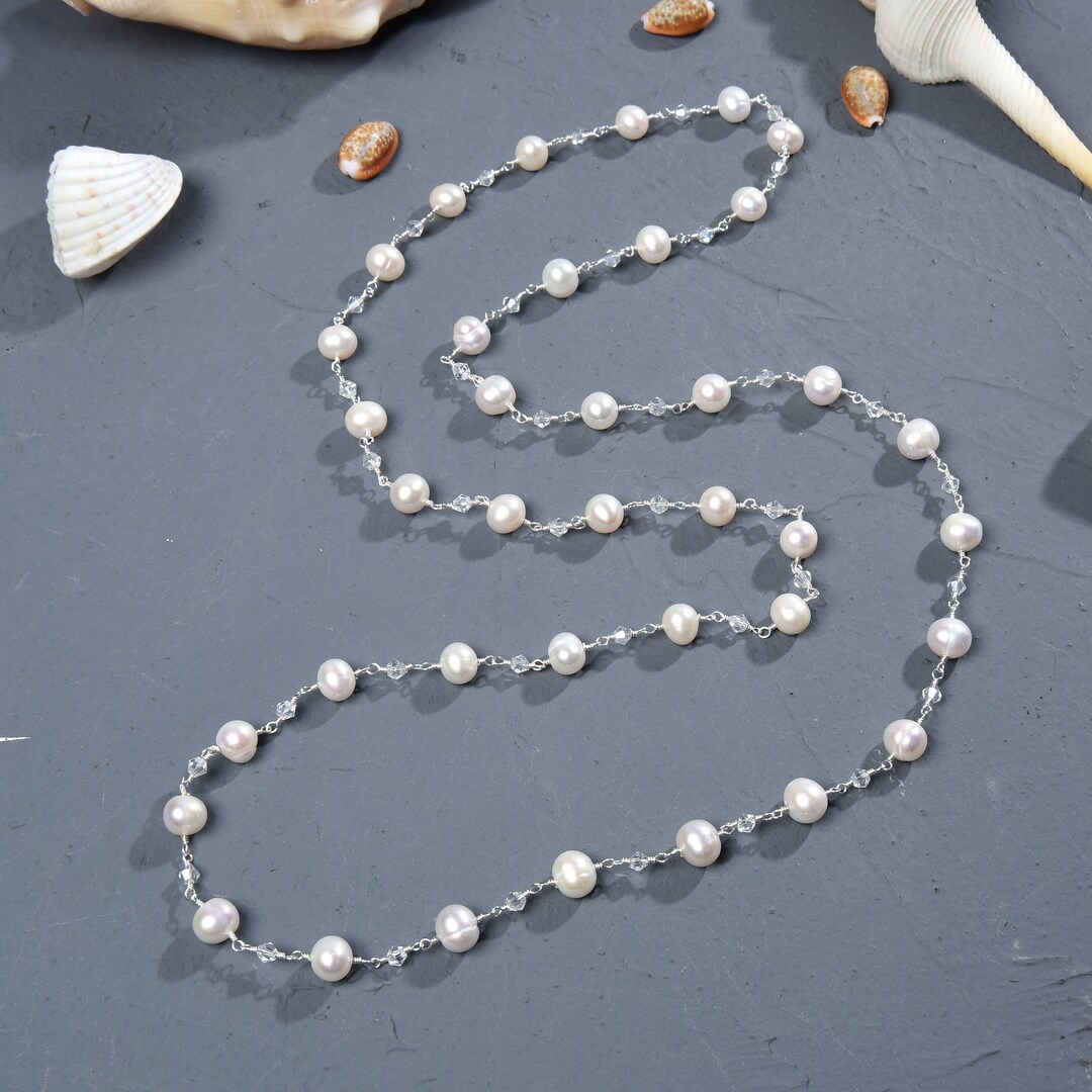 Stellar Rose Silver Pearl and crystal long necklace 72061 main image 0
