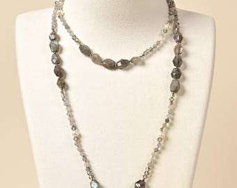 Genuine Labradorite & Freshwater Pearl Layered Necklace – Handcrafted Gemstone Necklace with Crystal Accents.Gift for Her.