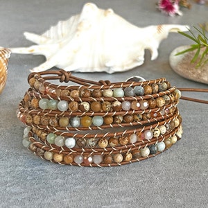 Multi-stone wrap bracelet. Leather Wrap Bracelet. Natural Stone Super Wrap Bracelet.  Boho Bracelet. 5-wrap Bracelet.