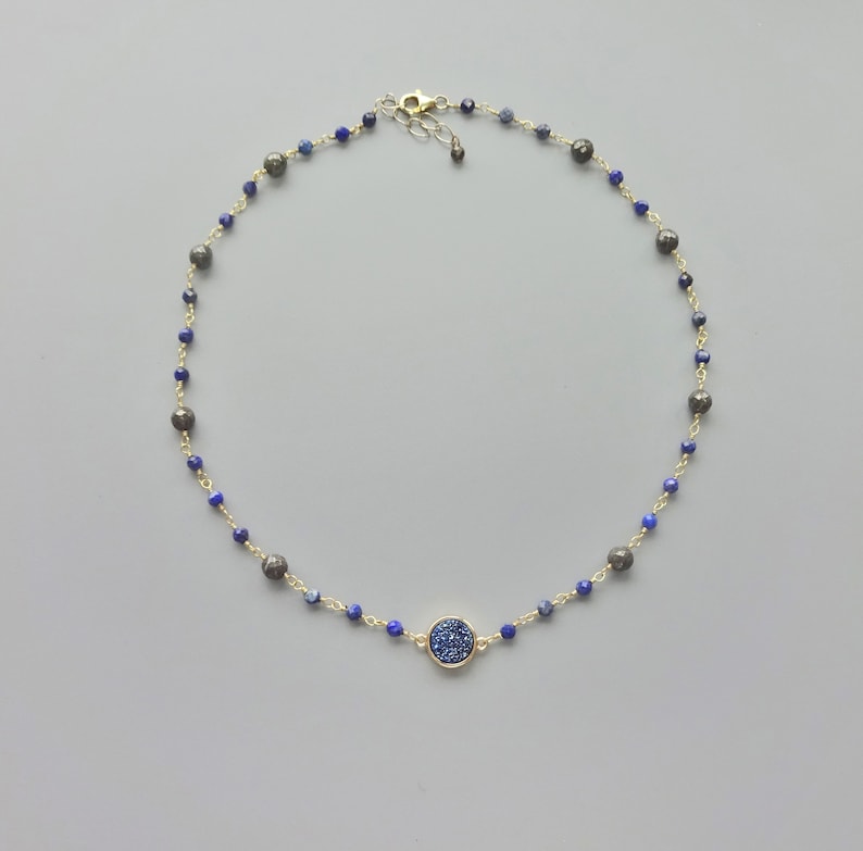 Hand Beaded Wire Wrapped Pyrite and Lapis Lazuli Necklace, Lapis Collar Necklace. Delicate Stone Necklace. Druzy Pendant Necklace image 1