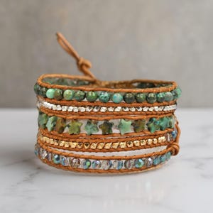Multi-stone wrap bracelet. Leather Wrap Bracelet. Natural Stone Super Wrap Bracelet.  Boho Bracelet. 5-wrap Bracelet.