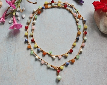 Hand Beaded Crochet Long Layering Multi Gem Stone Necklace. Multi Gemstone Lariat Necklace. Rainbow Gemstone Necklace. Handmade Necklace.