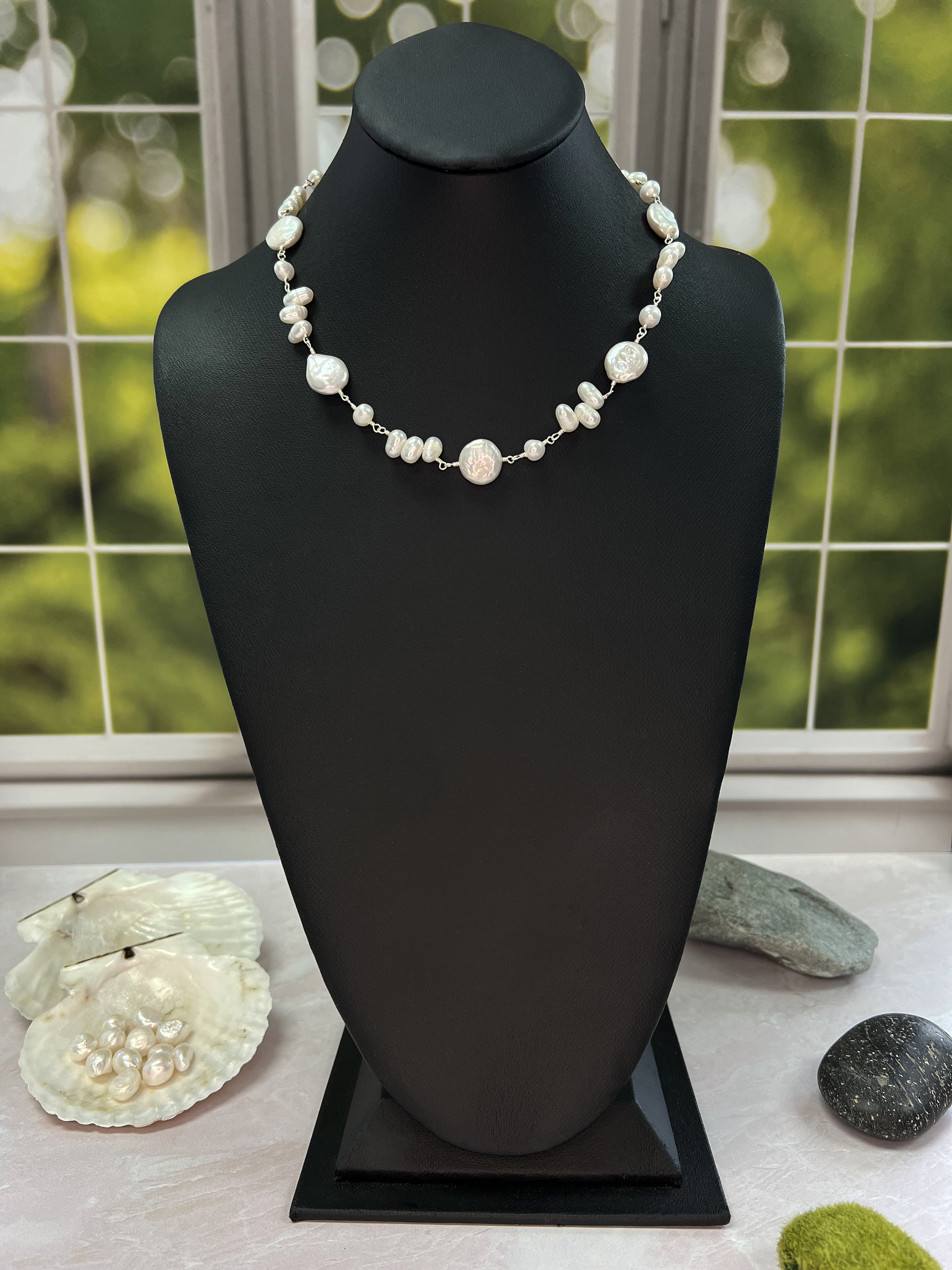 Mix of Freshwater Pearl Shape Wire Necklace. MGR Sterling Mix of Freshwater Pearl Shape Wire Necklace. MGR Sterling