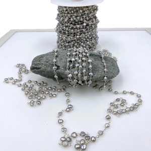 2Ft. 4-5MM Silver Gray Semi-baroque Cultured Fresh Water Pearl Rosary Style Beaded Chain. Non Tarnish Wire in Silver.