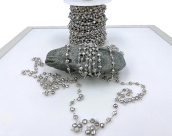 2Ft. 4-5MM Silver Gray Semi-baroque Cultured Fresh Water Pearl Rosary Style Beaded Chain. Non Tarnish Wire in Silver.