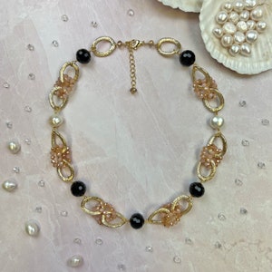 Beaded Loop Gold Ring Link Rose Opaque Champagne Necklace.  Pearl and Crystal Collar Necklace.   Statement Necklace. Bridal Jewelry.