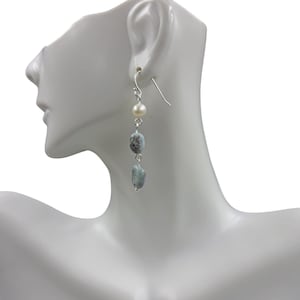 Pearl and larimar drop earrings. larimar earrings. pearl and stone dangle earrings.