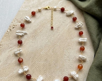Carnelian & Biwa Pearl Statement Necklace. Carnelian Necklace.