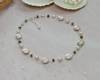 Labradorite and Freshwater Pearls Choker Necklace. MGR Sterling Silver Single Strand Freshwater Coin Pearl.