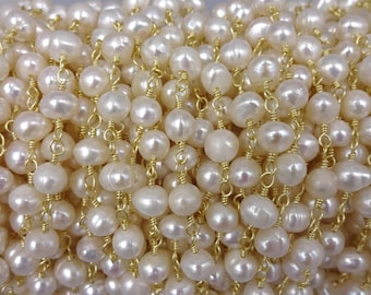 2ft. 4-5mm fresh water pearl potato shaped rosary style beaded chain. wire wrapping chain. premier quality non tarnish gold wire.