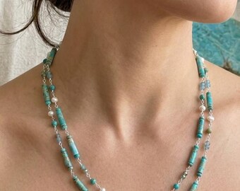 Double-Strand Imperial Jasper, Freshwater Pearl & Crystal Necklace – Handcrafted Silver-tone wire Gemstone Necklace.