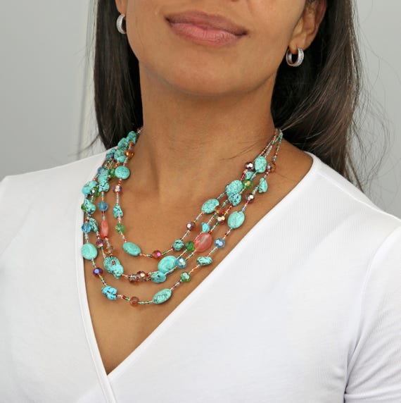 Multi-Layer Boho Shell Beaded Statement Necklace For Women - Colorful Crystal & Silver Beads, Adjustable 17-19 Inch, Costume Jewelry Set - View #3