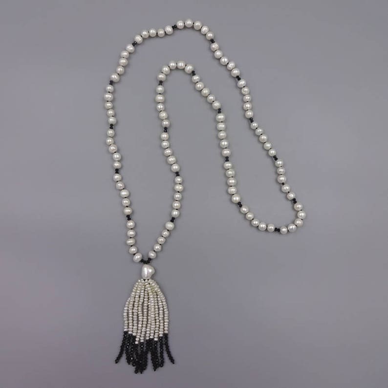 34 Long. Hand Knotted Beaded Cultured Freshwater Pearls and Black Crystals Tassel Necklace