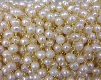 2Ft. 4-5MM Fresh Water Pearl Potato Shaped Rosary Style Beaded Chain. Wire Wrapping Chain. Premier quality Non Tarnish Gold Wire.