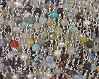 2Ft 4MM Multi-Gemstone and Genuine Pearl Beaded Wire or Rosary Beaded Chain For Jewelry Making. DIY Wire Wrapping Gemstone Chain Cut by Feet