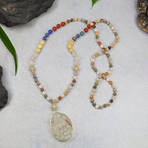 Radiant Earth & Bloom Pendant Necklace. knotted long necklaces.beaded natural stone.handmade boho necklace jasper.