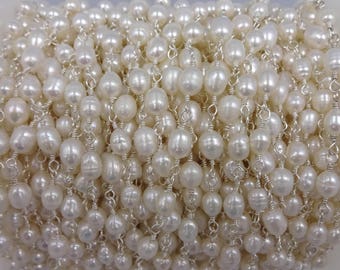 2FT. Cultured Fresh Water Pearl 5-6 MM  Rice-shape Rosary Style Beaded Chain Wire Wrapping Premier quality Non Tarnish Wire.