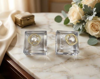 Clear Square Pearl Statement Earrings with Gold-Tone Accents
