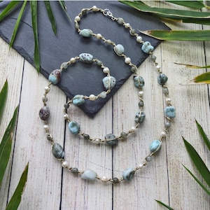 Beaded Larimar Cultured Pearl Twist Knot Necklace. Long Necklace. Double Strand Blue Necklace. Long Blue & White Necklace. Summer Jewelry