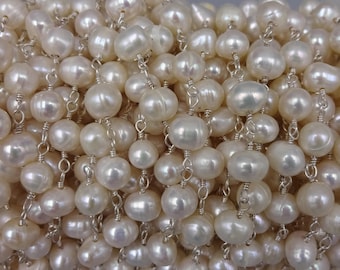 2ft.7-8mm potato shaped cultured fresh water pearl beaded chain in silver. wire wrapping pearl chain. non tarnish wire in silver color.