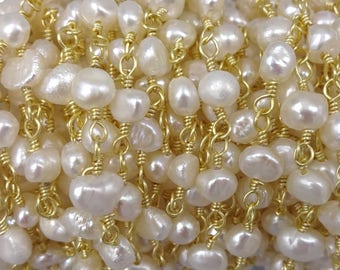 2Ft.4-5MM Semi-baroque Shaped Cultured Fresh Water Pearl Beaded Chain. Wire Wrapping Chain. Non Tarnish Sterling Plating Wire in Gold Color.