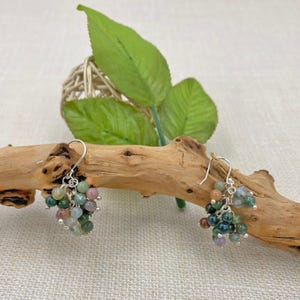 May include: A pair of silver dangle earrings with a cluster of green, brown, and pink agate beads.