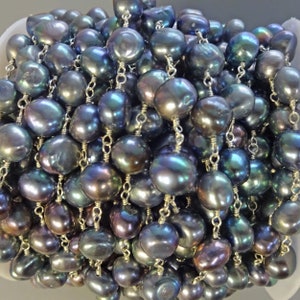 2Ft. 10-11 MM Peacock Colored Semi Baroque Shaped Cultured Freshwater Pearl Rosary Style Beaded Chain. Non Tarnish Silver-tone Wire