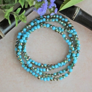 4MM Opaque Turquoise With Champagne Petite Crystal Stackable Set of  Four Stretch Bracelets.Delicate Bracelet.