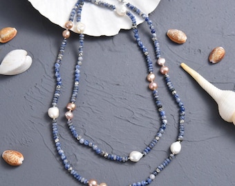 Sodalite and pearl beaded  layering necklace. blue and white gemstone station necklace. multi stone long necklace. multi strand necklace.