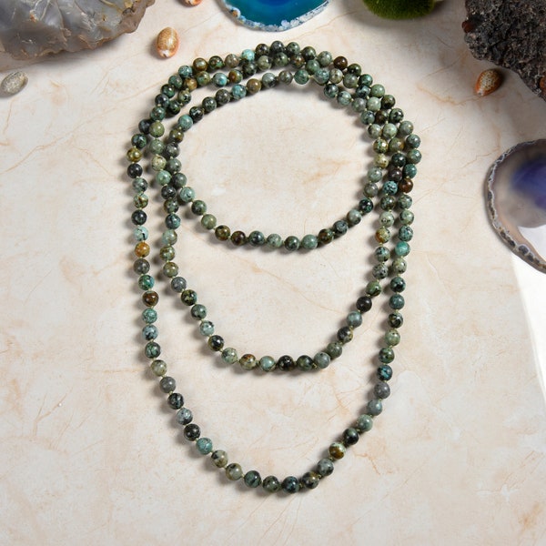 60" Polished Genuine African Turquoise Multilayer Long Endless Infinity Beaded Necklace.