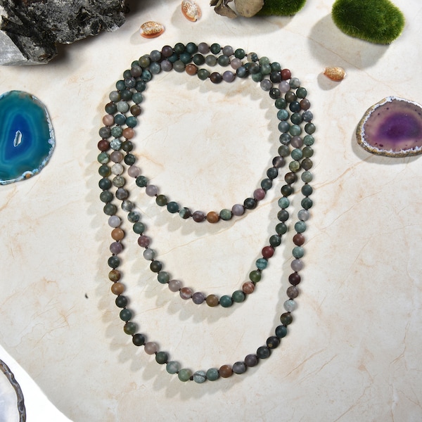 60" Inch 8MM Beaded Matte Finish Fancy Jasper AKA Indian Agate Versatile Length Long or Multi Strand Mala Style Chakra Wrap Necklace.