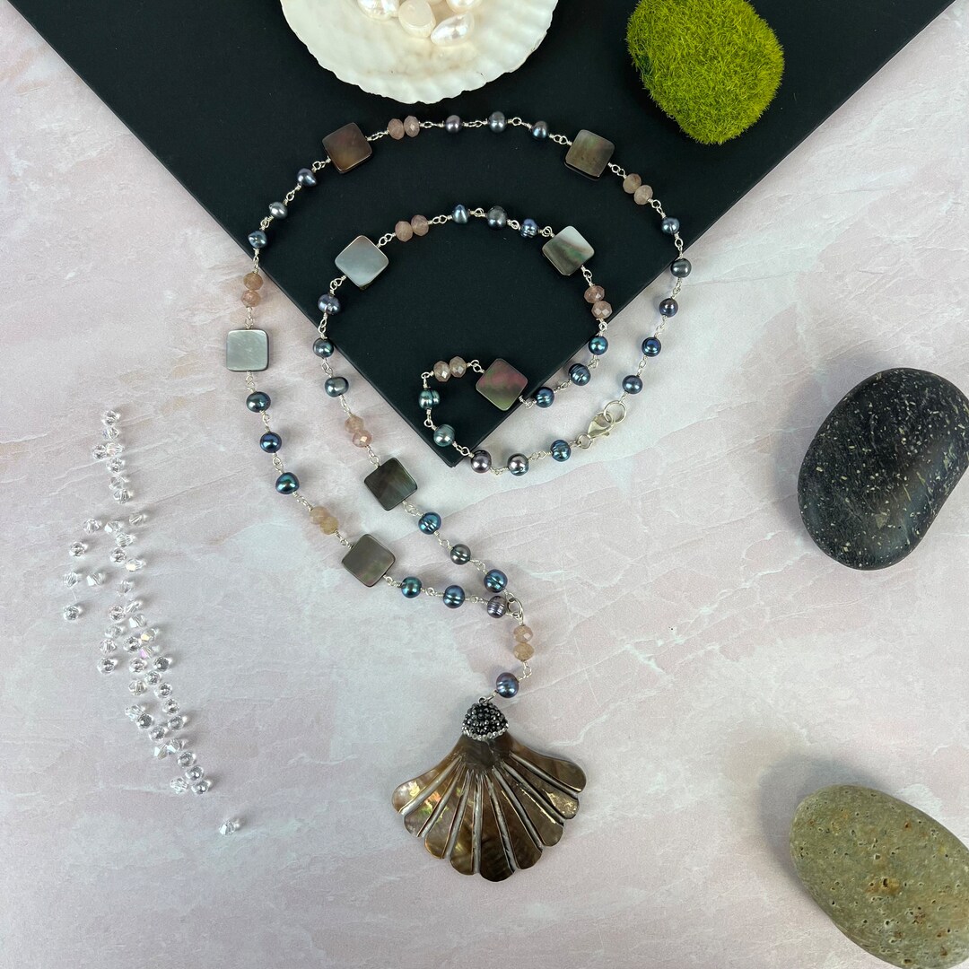 Black Lip Shell Fan Shaped Pendant Necklace. Etsy