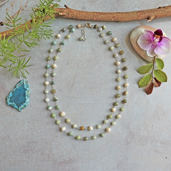 Double Strand Jade Necklace. Genuine  Jade Necklace. Green Jade Bead Necklace. Short Necklace.